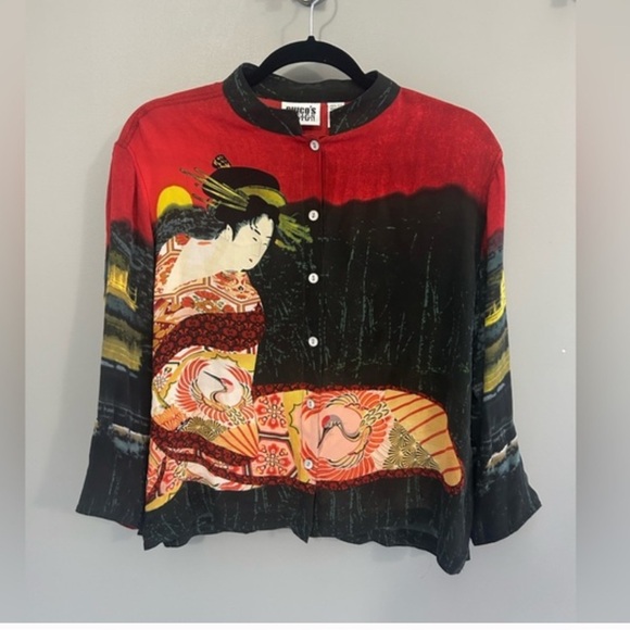 Chico's Womens 100% Silk Asian Geisha Top Blouse Red Black Sz 2(US Size 12) Chic - Picture 10 of 12